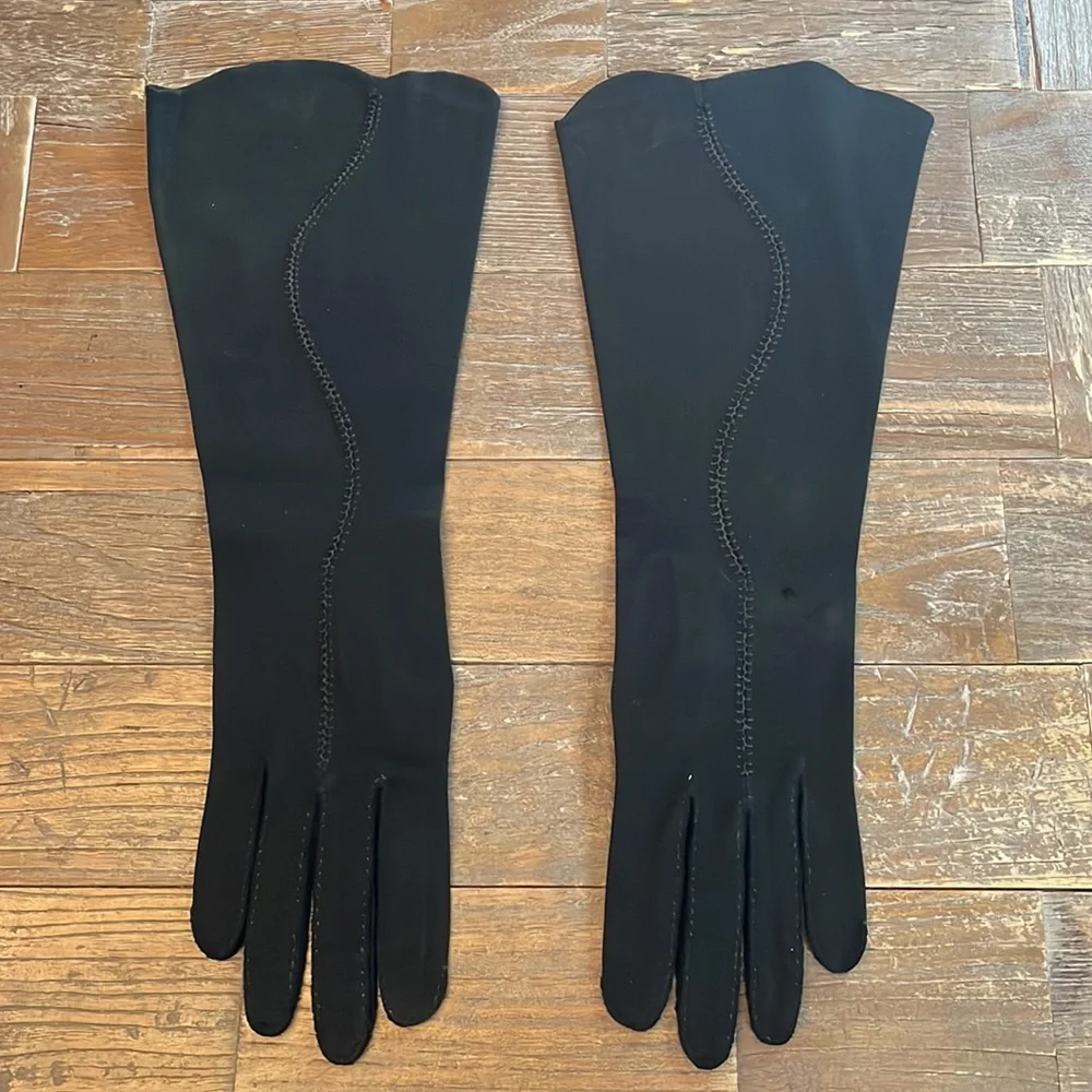 Vintage Crescendoe Tailored Leather Elbow Length Cocktail Gloves Wave Seams🖤